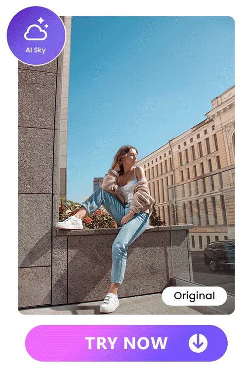 replace a street photography's sky with rainbow, sunset, fireworks and aurora sky with Vivid AI's AI Sky feature